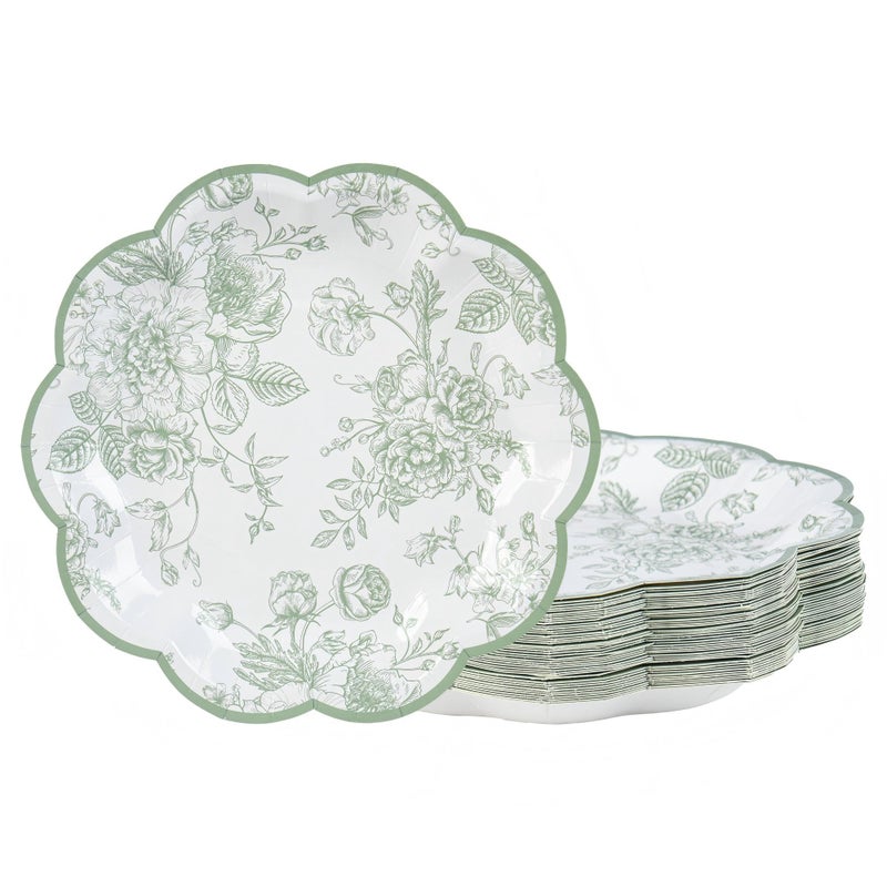 Elyxio 48 Pcs Sage Green Floral Party Plates Vintage Floral Leaf Disposable Paper Plates White Green Toile 7" Small Scalloped Dessert Plates for Spring Summer Garden Birthday Bridal Tea Party Supplies - Image 1