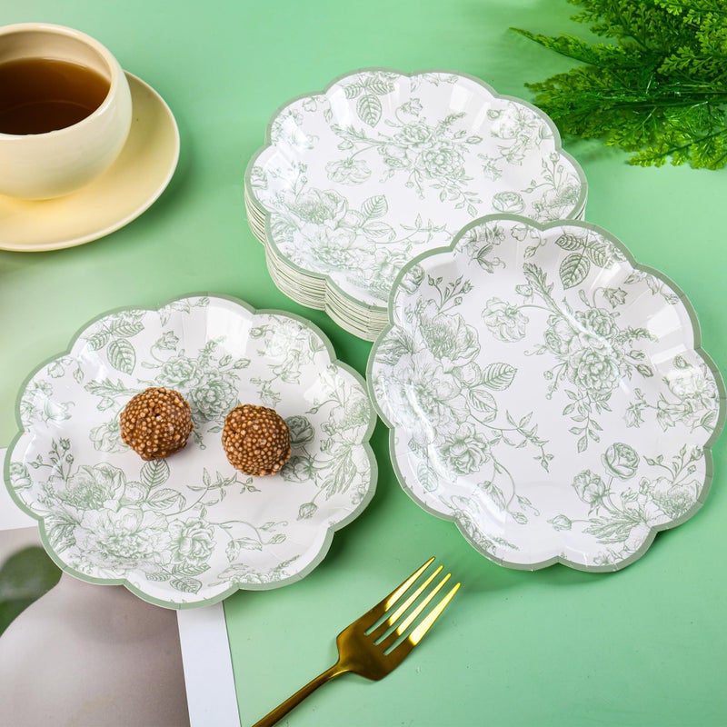 Elyxio 48 Pcs Sage Green Floral Party Plates Vintage Floral Leaf Disposable Paper Plates White Green Toile 7" Small Scalloped Dessert Plates for Spring Summer Garden Birthday Bridal Tea Party Supplies - Image 4