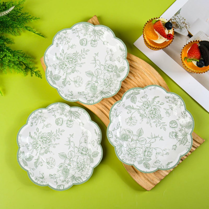 Elyxio 48 Pcs Sage Green Floral Party Plates Vintage Floral Leaf Disposable Paper Plates White Green Toile 7" Small Scalloped Dessert Plates for Spring Summer Garden Birthday Bridal Tea Party Supplies - Image 5