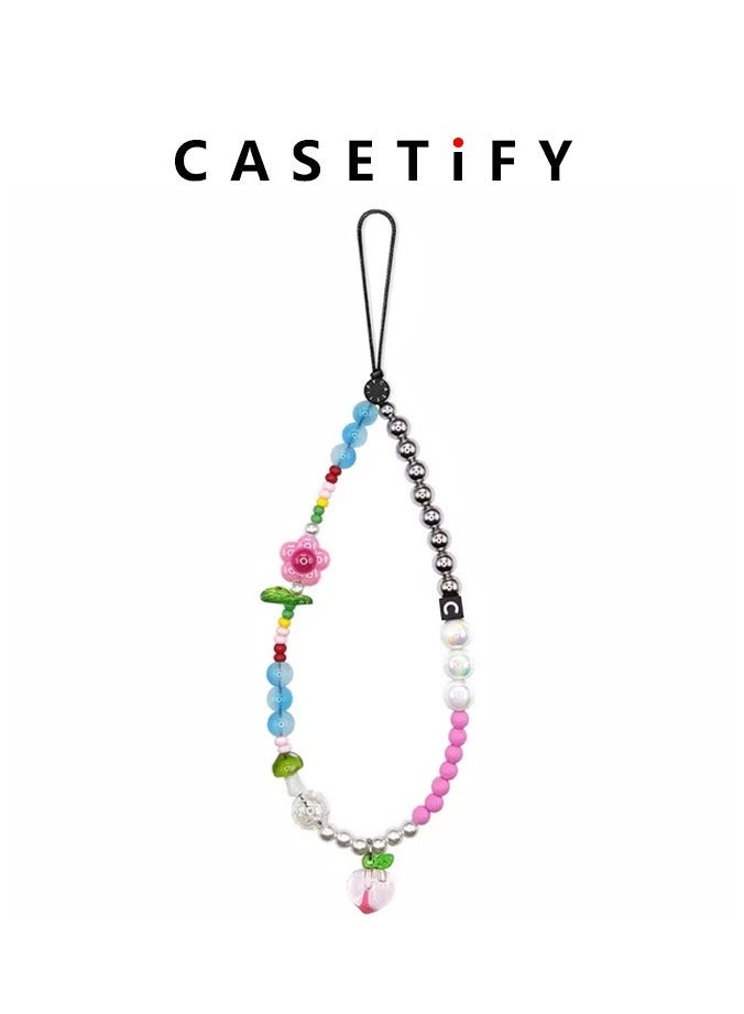 كاستيفي سلسلة هاتف Casetify وردية بزهر الكرز، حزام معصم خرزي بألوان فضية وباستيل مع زينة أزهار خوخية ثلاثية الأبعاد باللون الوردي، سلسلة هاتف زهرية لطيفة وعملية للبنات - Image 1