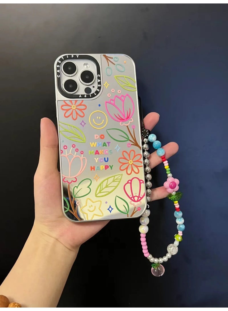 كاستيفي سلسلة هاتف Casetify وردية بزهر الكرز، حزام معصم خرزي بألوان فضية وباستيل مع زينة أزهار خوخية ثلاثية الأبعاد باللون الوردي، سلسلة هاتف زهرية لطيفة وعملية للبنات - Image 2