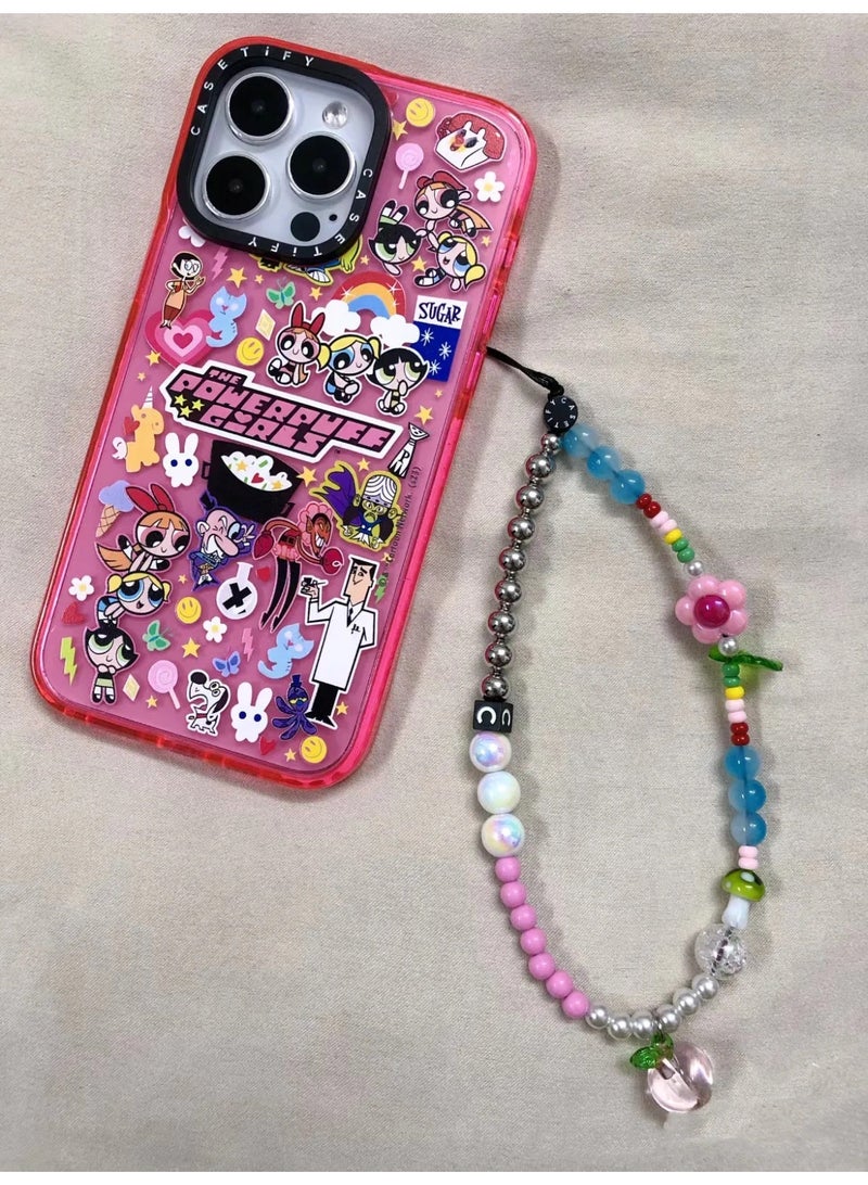كاستيفي سلسلة هاتف Casetify وردية بزهر الكرز، حزام معصم خرزي بألوان فضية وباستيل مع زينة أزهار خوخية ثلاثية الأبعاد باللون الوردي، سلسلة هاتف زهرية لطيفة وعملية للبنات - Image 3