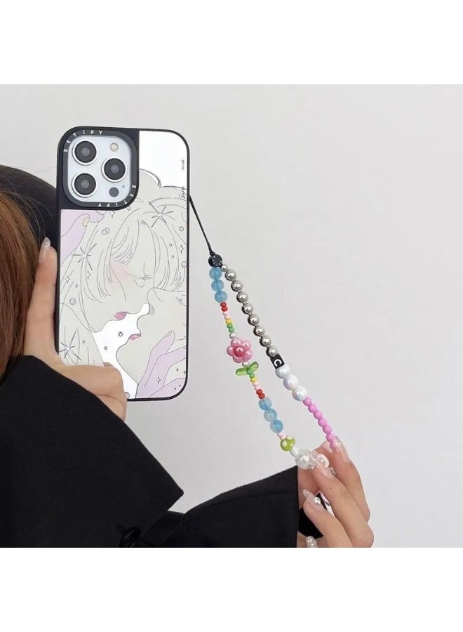 كاستيفي سلسلة هاتف Casetify وردية بزهر الكرز، حزام معصم خرزي بألوان فضية وباستيل مع زينة أزهار خوخية ثلاثية الأبعاد باللون الوردي، سلسلة هاتف زهرية لطيفة وعملية للبنات - Image 5