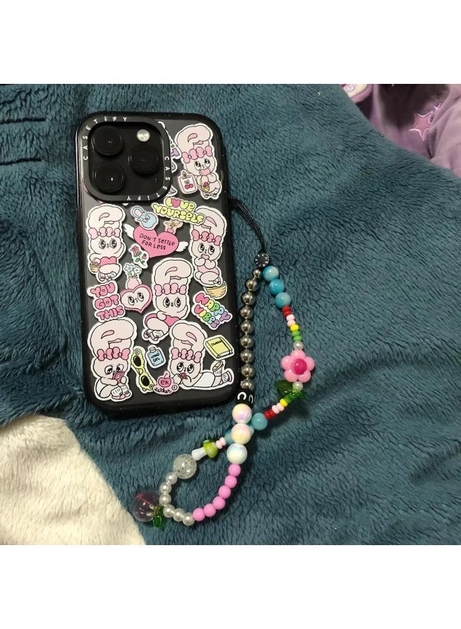 كاستيفي سلسلة هاتف Casetify وردية بزهر الكرز، حزام معصم خرزي بألوان فضية وباستيل مع زينة أزهار خوخية ثلاثية الأبعاد باللون الوردي، سلسلة هاتف زهرية لطيفة وعملية للبنات - Image 4