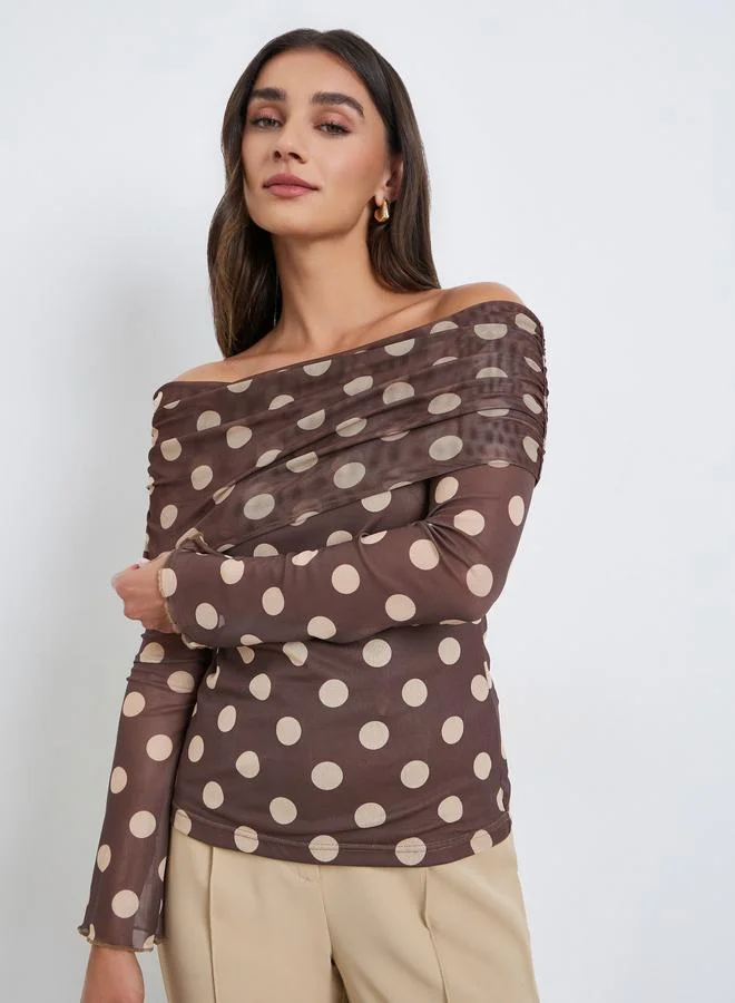 Women Off-Shoulder Polka Dot Mesh Top
