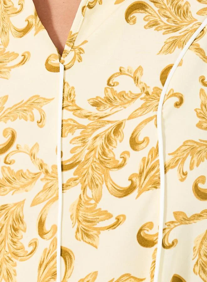 Styli Ornate Print Jalabiya with Piping Detail