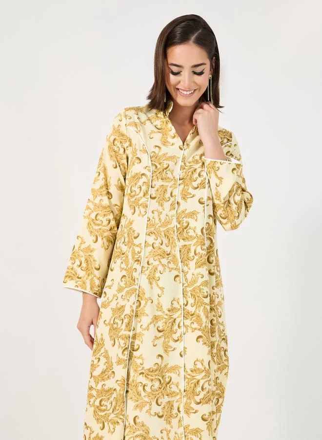 Styli Ornate Print Jalabiya with Piping Detail