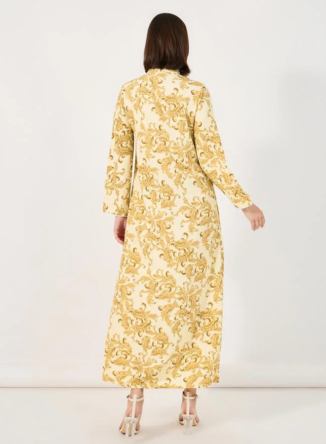 Styli Ornate Print Jalabiya with Piping Detail