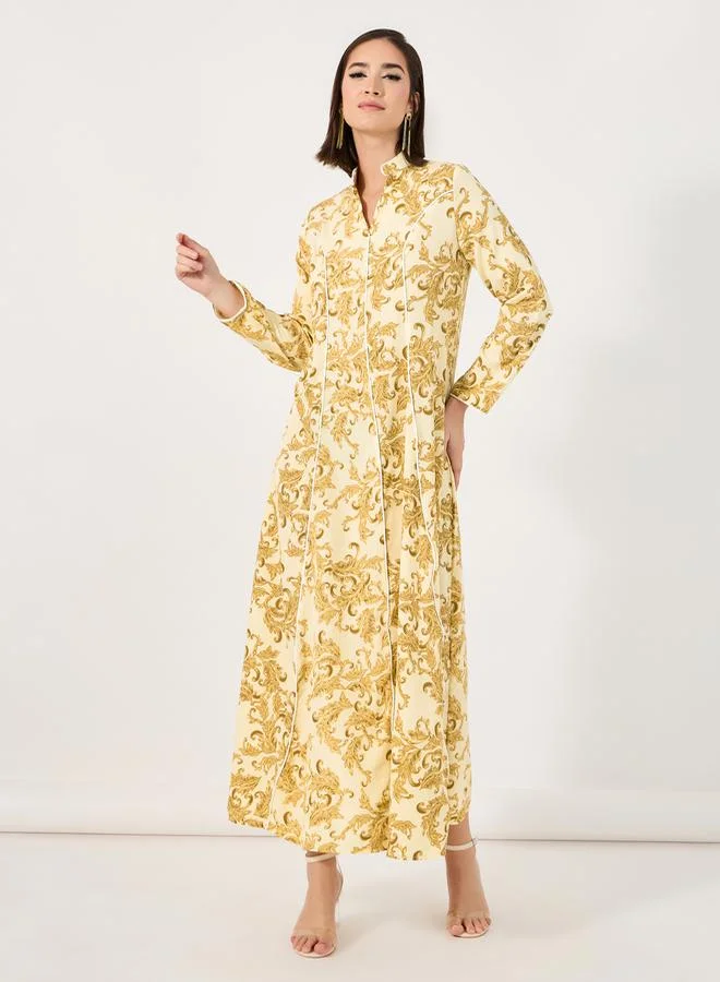 Styli Ornate Print Jalabiya with Piping Detail