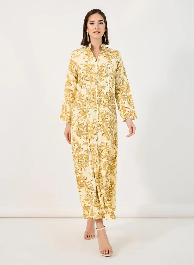 Styli Ornate Print Jalabiya with Piping Detail