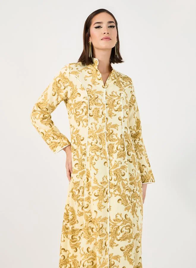 Styli Ornate Print Jalabiya with Piping Detail
