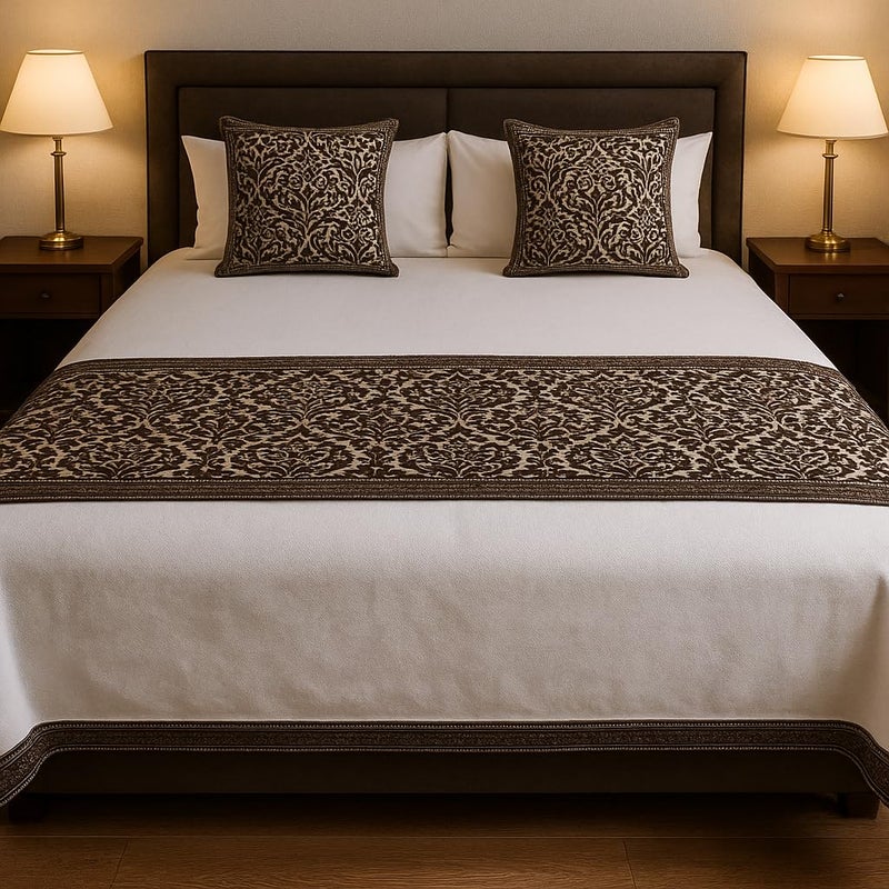 Kingly Décor Bed Runner Set with 2 Cushion Covers (16x16) – Hotel-Style, Colorfast & Machine-Washable – Fits Queen/King – Charcoal Grey Damask (Pattern) - Image 1