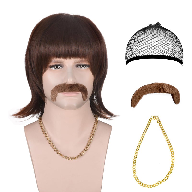 QACCF Mens Brown Hippie Wig Mens 60s Dark Brown Halloween Costume Sonny Cher Wig and Mustache Gold Chain