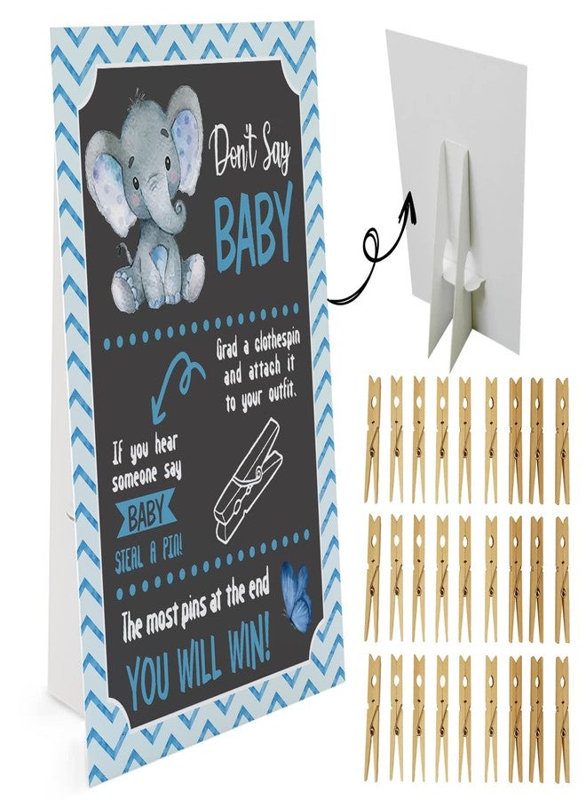 GNATV Blue Elephant Don't Say Baby Game - 1 Sign & 50 Mini Natural Clothespins, Gender Neutral Baby Shower Game & Decorations - Image 1