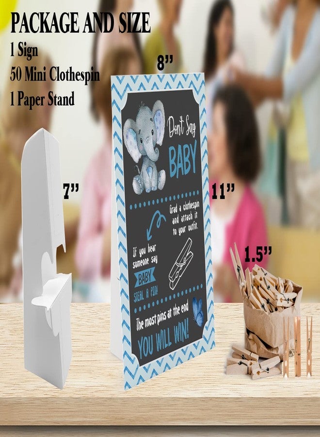 GNATV Blue Elephant Don't Say Baby Game - 1 Sign & 50 Mini Natural Clothespins, Gender Neutral Baby Shower Game & Decorations - Image 3