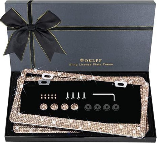OKLPF Bling License Plate Frame for Women, 2PCS Sparkly License Plate Frames| Over 1200 pcs14 Facets Bedazzled Clear Glass Diamond Rhinestone Crystals w/Free Glitter Diamond Box (Champagne) Dust tight seal