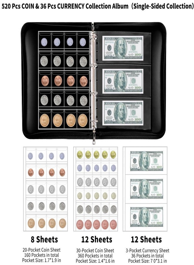 MDSPLPIY Fireproof Coin Collection Book for Collectors - 520 Pockets Coin Collection Album & 36 Currency Sleeves Money Holder Album, Durable Coin Organizer Binder, Great Coin Collection Supplies - Image 4