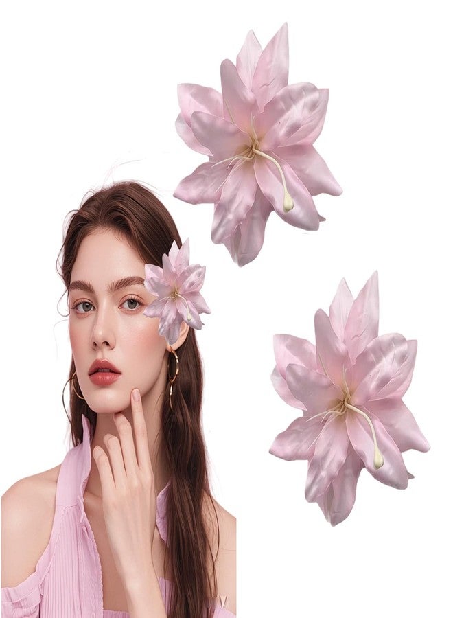 اس واي بي ال قطعتان من مشابك الشعر الزهرية الوردية، دبابيس شعر صناعية على شكل زهرة الزنبق، إكسسوارات شعر لتزيين الشعر والمكياج، مناسبة للشاطئ والعطلات والحفلات وحفلات الزفاف - Image 2