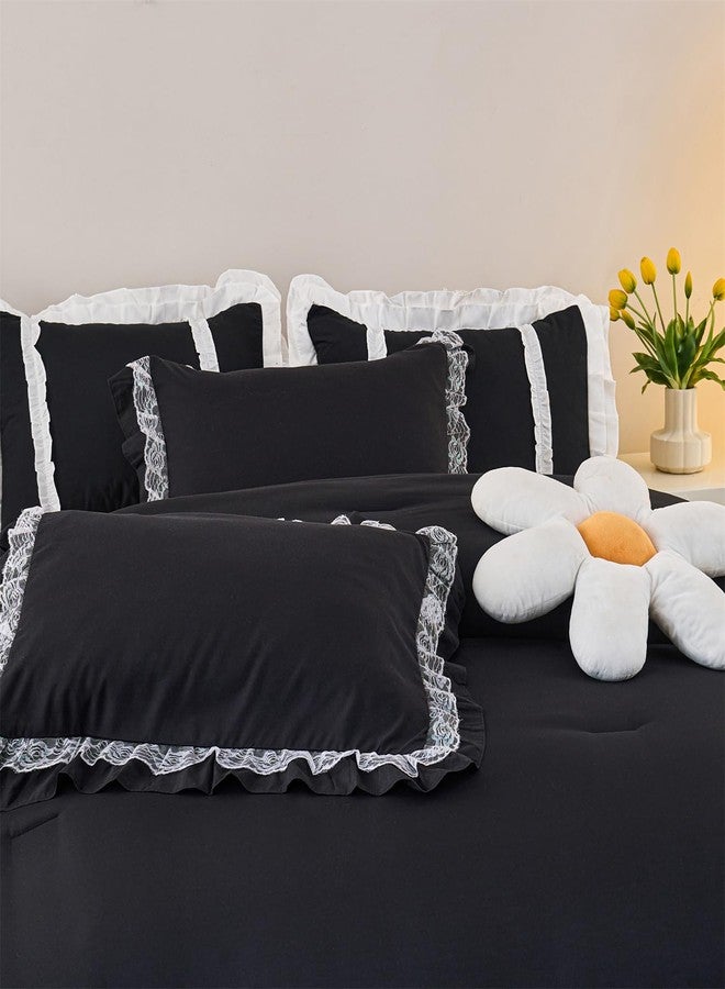 MOOWOO Chic Ruffle Lace Comforter Set -Girl Black Bedding-3 Piece Queen Bed Quilt -Aesthetic Bedding,Ultra Soft and Durable,Fluffy Bed Comforter Sets for All Season - Image 3