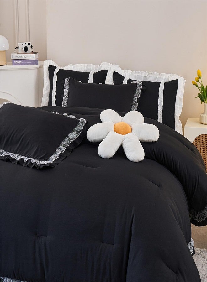 MOOWOO Chic Ruffle Lace Comforter Set -Girl Black Bedding-3 Piece Queen Bed Quilt -Aesthetic Bedding,Ultra Soft and Durable,Fluffy Bed Comforter Sets for All Season - Image 5