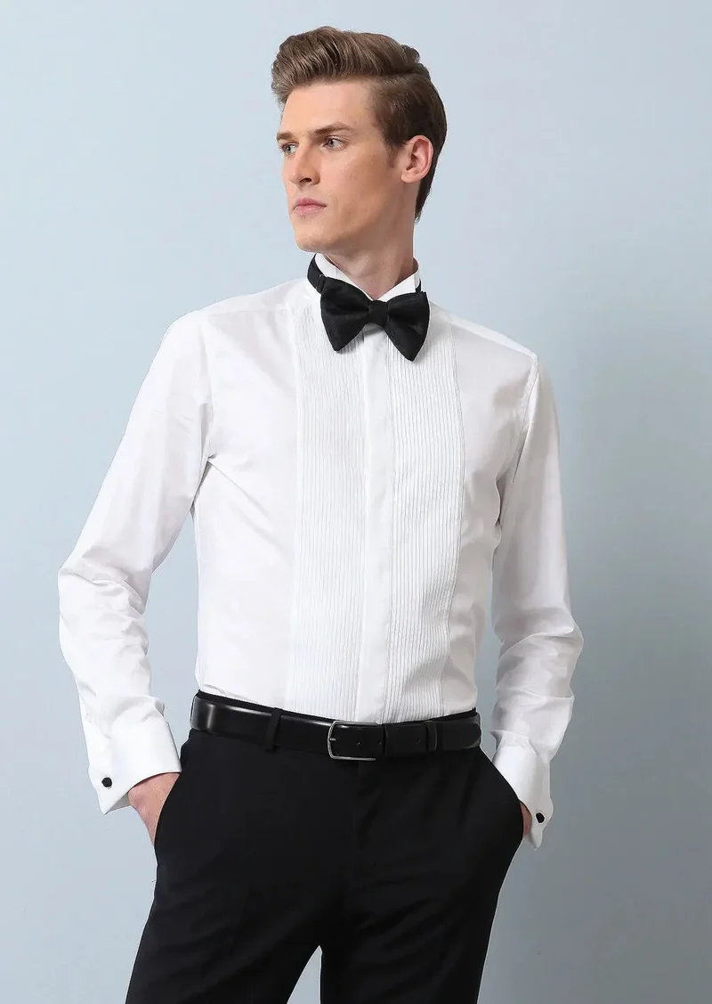 RAMSEY White Plain Slim Fit Double Cuff Wing Collar Tuxedo Shirts