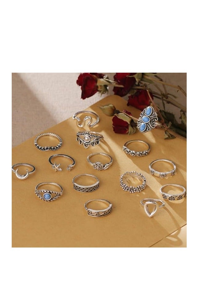 SOLARAE Frodete 15Pcs Turquoise Rings Set for Women Moon Star Snake Stacking Rings Set Vintage Bohemian Stackable Finger Rings for Teen Girls - Image 2