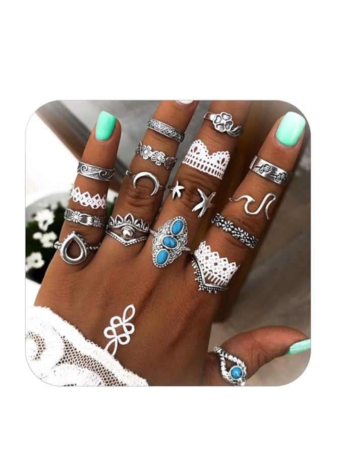 SOLARAE Frodete 15Pcs Turquoise Rings Set for Women Moon Star Snake Stacking Rings Set Vintage Bohemian Stackable Finger Rings for Teen Girls - Image 1