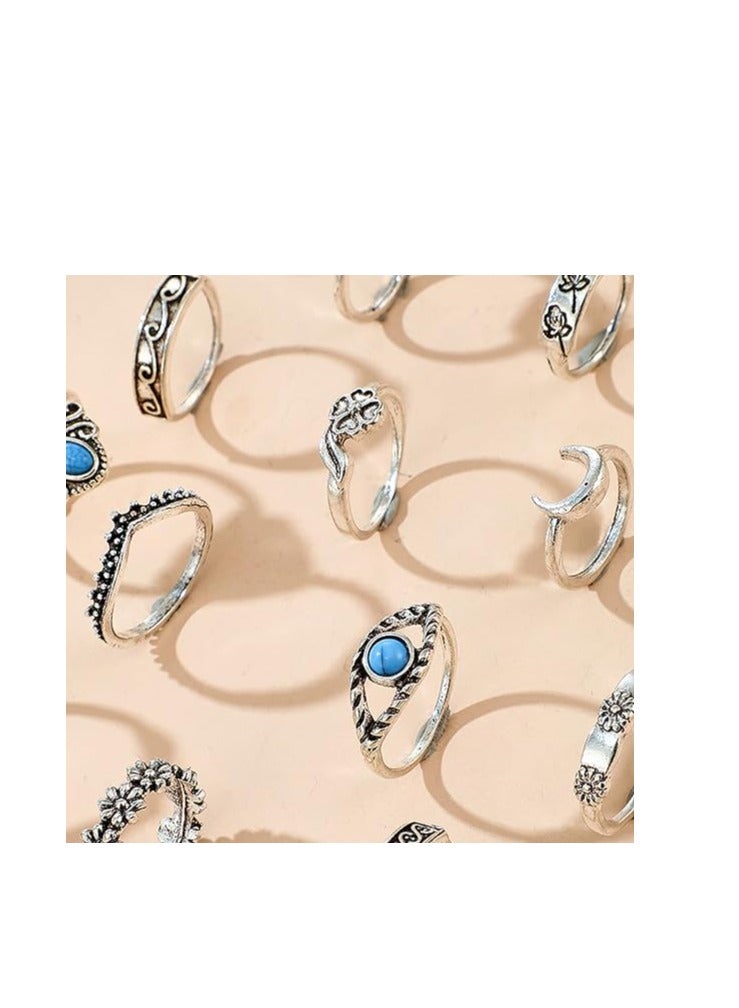 SOLARAE Frodete 15Pcs Turquoise Rings Set for Women Moon Star Snake Stacking Rings Set Vintage Bohemian Stackable Finger Rings for Teen Girls - Image 3