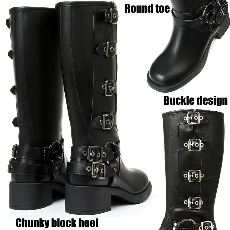 AMINUGAL Black Knee High Boots Women Square Toe Pull On Wide Calf Riding Festival Buckles Chunky Metallic Casual Vintage Buckle Rivet Boots Size 8 - Image 5