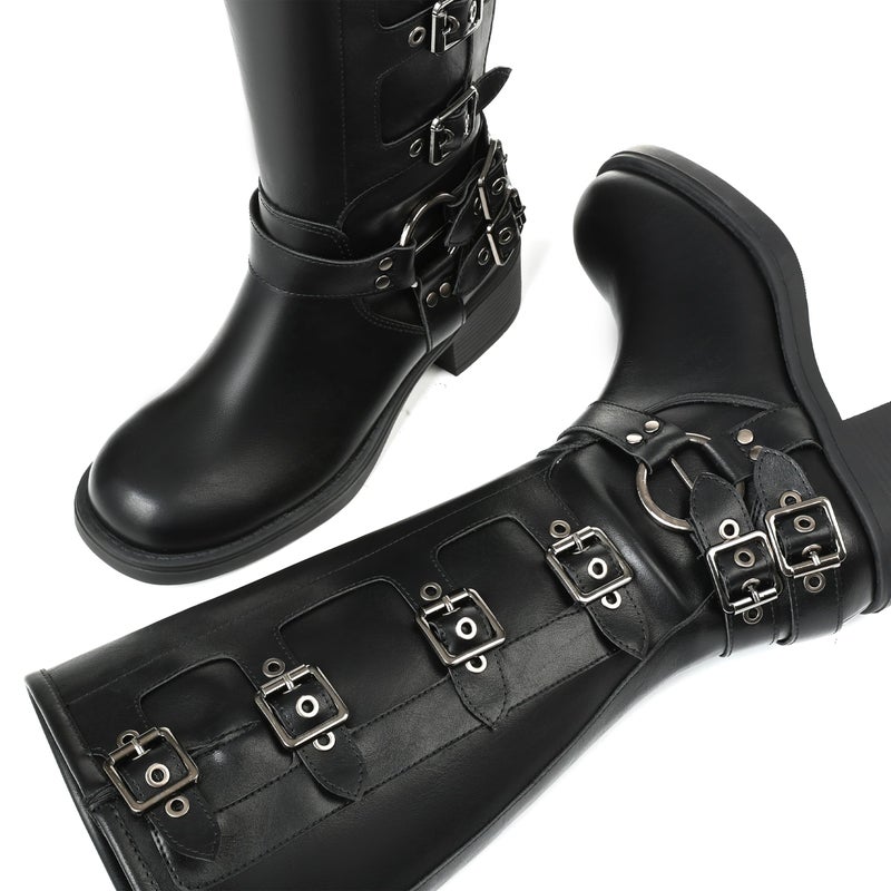 AMINUGAL Black Knee High Boots Women Square Toe Pull On Wide Calf Riding Festival Buckles Chunky Metallic Casual Vintage Buckle Rivet Boots Size 8 - Image 4