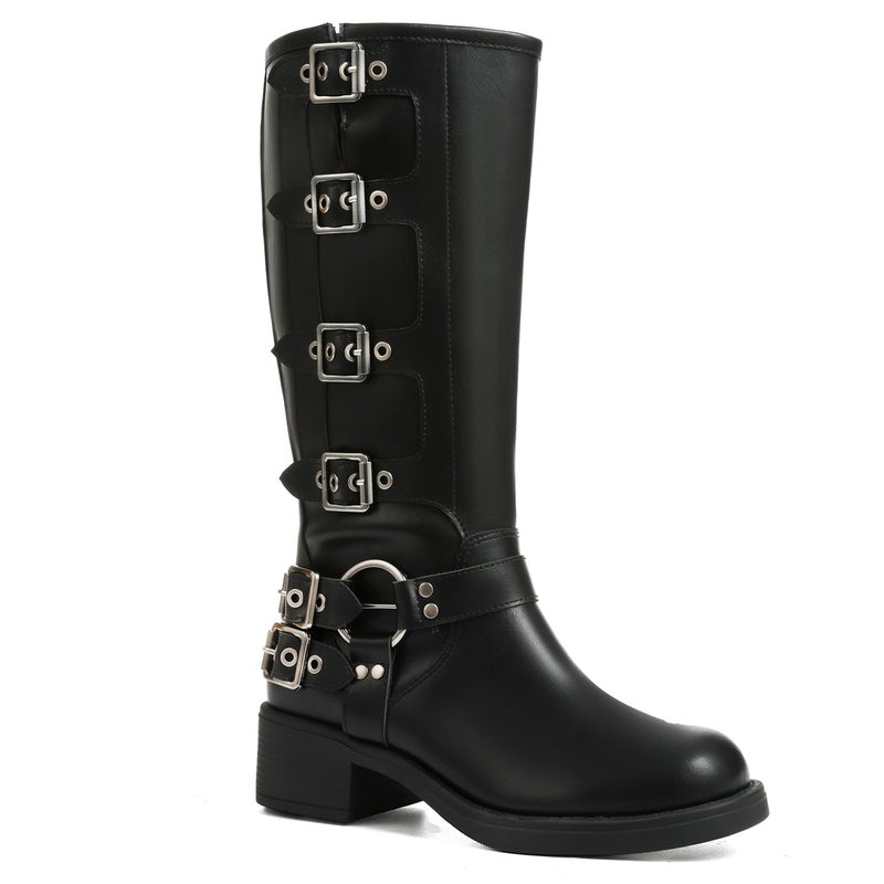 AMINUGAL Black Knee High Boots Women Square Toe Pull On Wide Calf Riding Festival Buckles Chunky Metallic Casual Vintage Buckle Rivet Boots Size 8 - Image 1