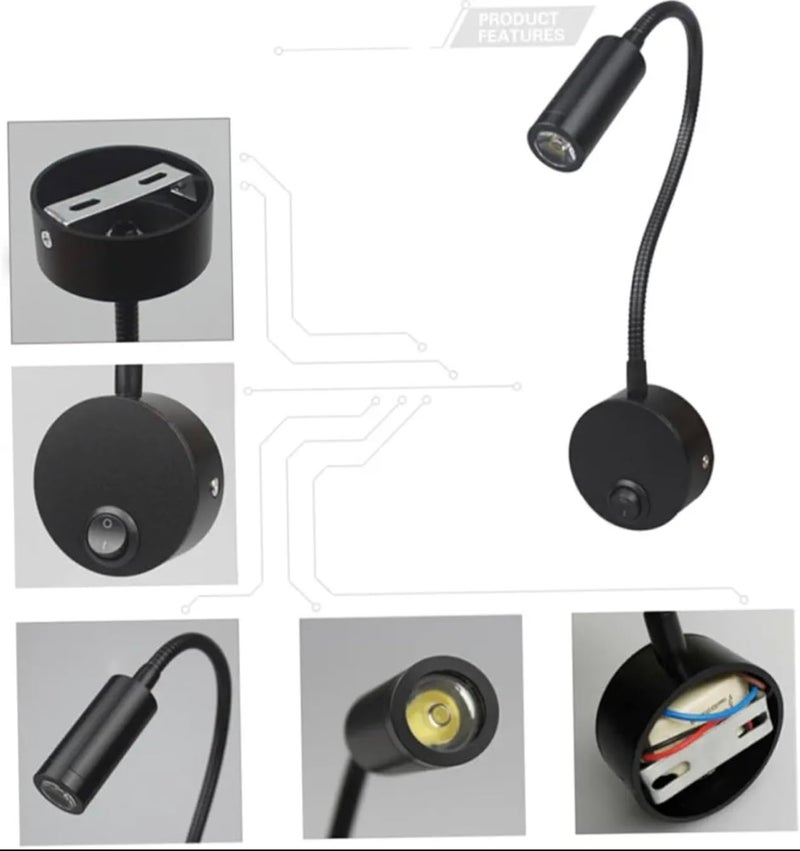 5W Aluminium Flexible Wall Reading Lights with On Off Switch Bed Lamp - Modern Gooseneck Light Bedside Lamp 360° - Warm White - Black (Pack of 1)  - Image 4