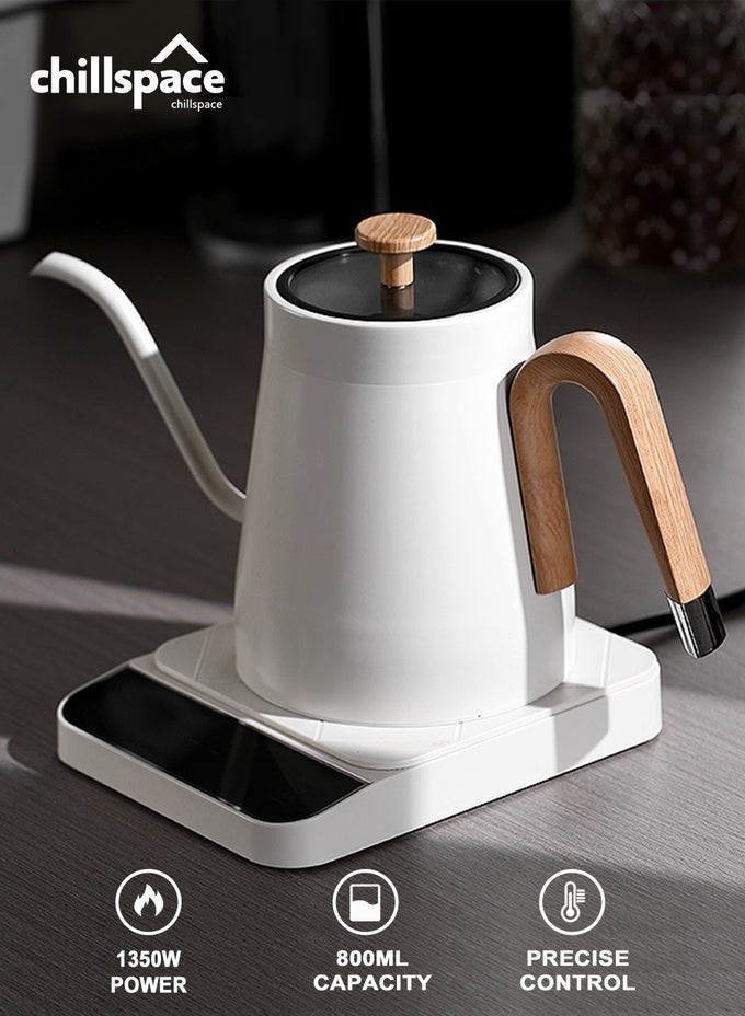 ELECTRIC GOOSENECK KETTLE V60 COFFEE KETTLE, 800ML 1350W FAST HEATING & 1C PRECISE TEMPERATURE CONTROL, DIGITAL DISPLAY KETTLE WITH AUTO KEEP WARM, STAINLESS STEEL INNER POT, FOR HOME OFFICE, WHITE