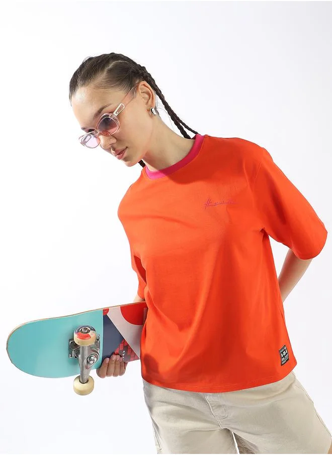 هوبرهولمي Women's Orange 100% Cotton Solid Oversized T-Shirt