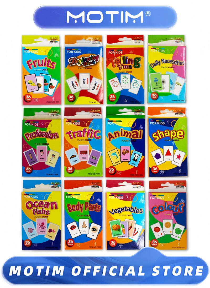 Motim - 12 Sets Flashcards 432pcs Flashcards Fun Learning and Educational Kids Cards Colors & Shapes Flash Cards for Kindergarten & Preschool Learning Activities - Image 1