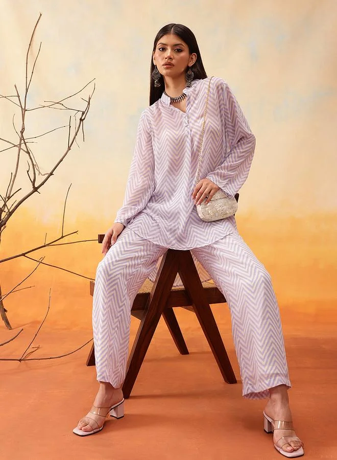 STREET 9 STREET 9 Purple Chevron Print Longline Shirt and Trousers Co-Ords