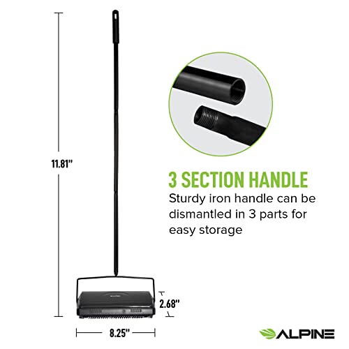 Alpine Industries Alpine Manual Carpet Sweeper Triple Brush – Cordless Non Electric Multi-Surface Floor Brush Hardwood Floor Cleaner Easy Sweeping for Carpeted Floors (Improved Black) - Image 4
