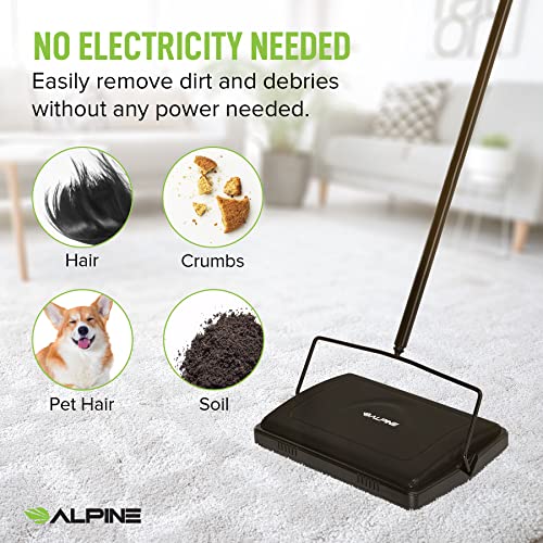 Alpine Industries Alpine Manual Carpet Sweeper Triple Brush – Cordless Non Electric Multi-Surface Floor Brush Hardwood Floor Cleaner Easy Sweeping for Carpeted Floors (Improved Black) - Image 2