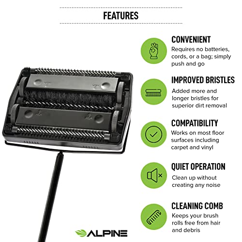 Alpine Industries Alpine Manual Carpet Sweeper Triple Brush – Cordless Non Electric Multi-Surface Floor Brush Hardwood Floor Cleaner Easy Sweeping for Carpeted Floors (Improved Black) - Image 3
