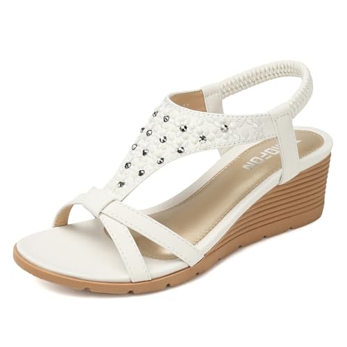 TEMOFON Sandals for Women Wedge Dressy: Summer Open Toe Dress Sandal Comfortable Casual Low Platform Beach Shoes White Size 7 - Image 1