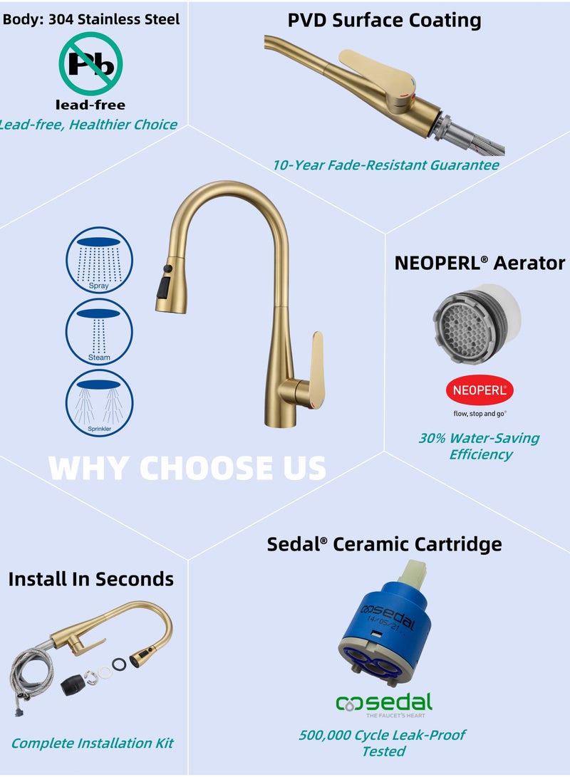 NANAO Kitchen Faucet, 304 Stainless Steel Pull Down Faucet for Kitchen Sink, PVD Gold - Image 3