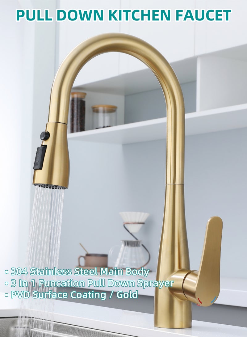 NANAO Kitchen Faucet, 304 Stainless Steel Pull Down Faucet for Kitchen Sink, PVD Gold - Image 2
