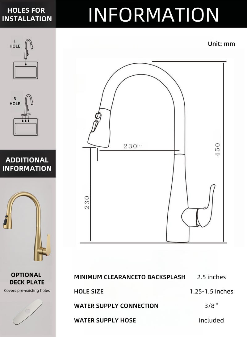 NANAO Kitchen Faucet, 304 Stainless Steel Pull Down Faucet for Kitchen Sink, PVD Gold - Image 5