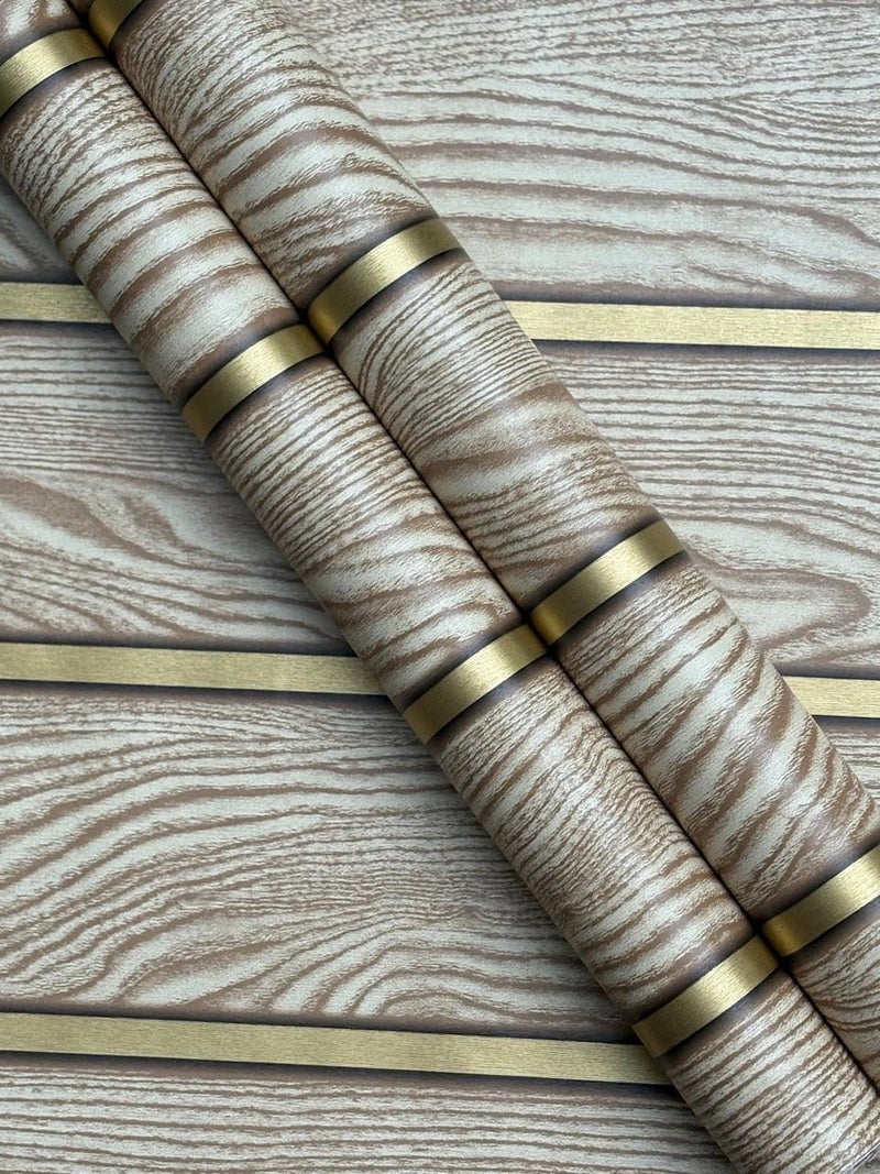 ELTON Wooden Golden Stripe Wallpaper, Self-Adhesive, Waterproof, Grey Wood Pattern with Gold Lines, Wall Decal for Home Decor (Grey Wood, 50 Sq Feet) - Image 1