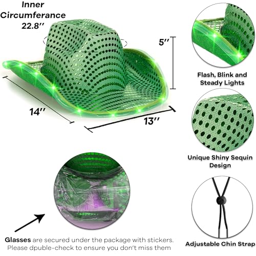 Funcredible Green LED Cowboy Hat Heart Glasses Cowboy Hats for Women and Men for Festivals Concerts Light Up Sequins Cowgirl Costume Accessory Set for Adults - Image 5