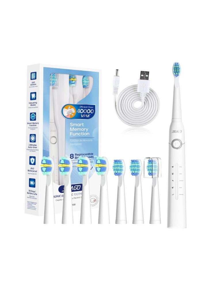 Seago Electric Toothbrush for Adults, with 8 Heads and 5 Modes, Rechargeable Sonic Tooth Brush One Charge for 30 Days, with 2 Mins Timer - Image 1