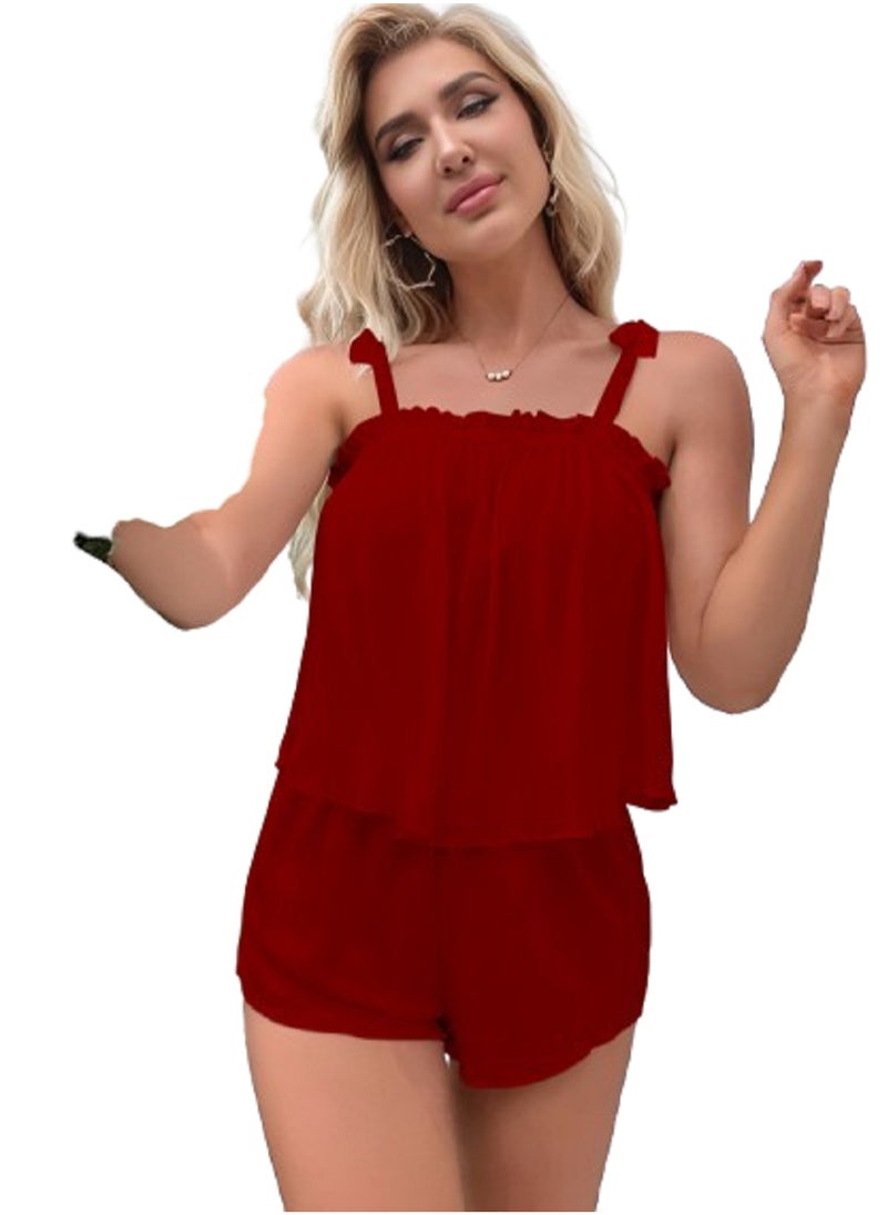 Ward MANIKAN soft pajama set for women with thin straps, ruffles at the chest, and hot shorts  - Image 1
