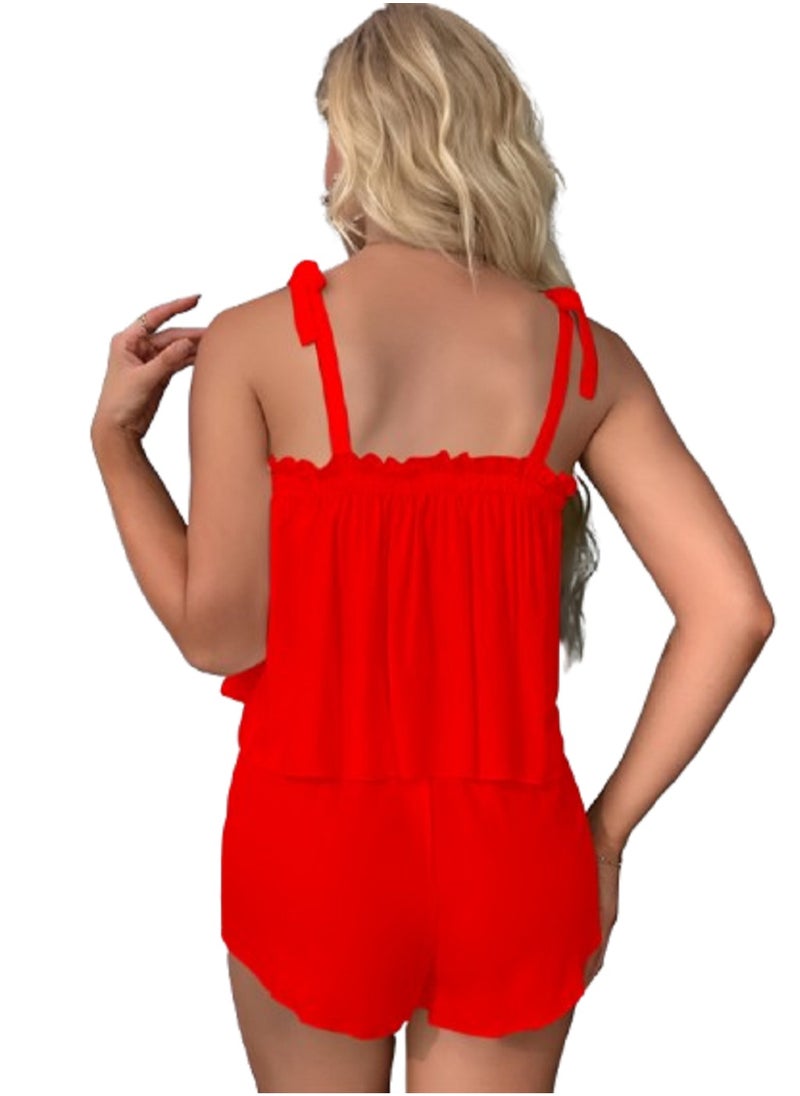 Ward MANIKAN soft pajama set for women with thin straps, ruffles at the chest, and hot shorts  - Image 2