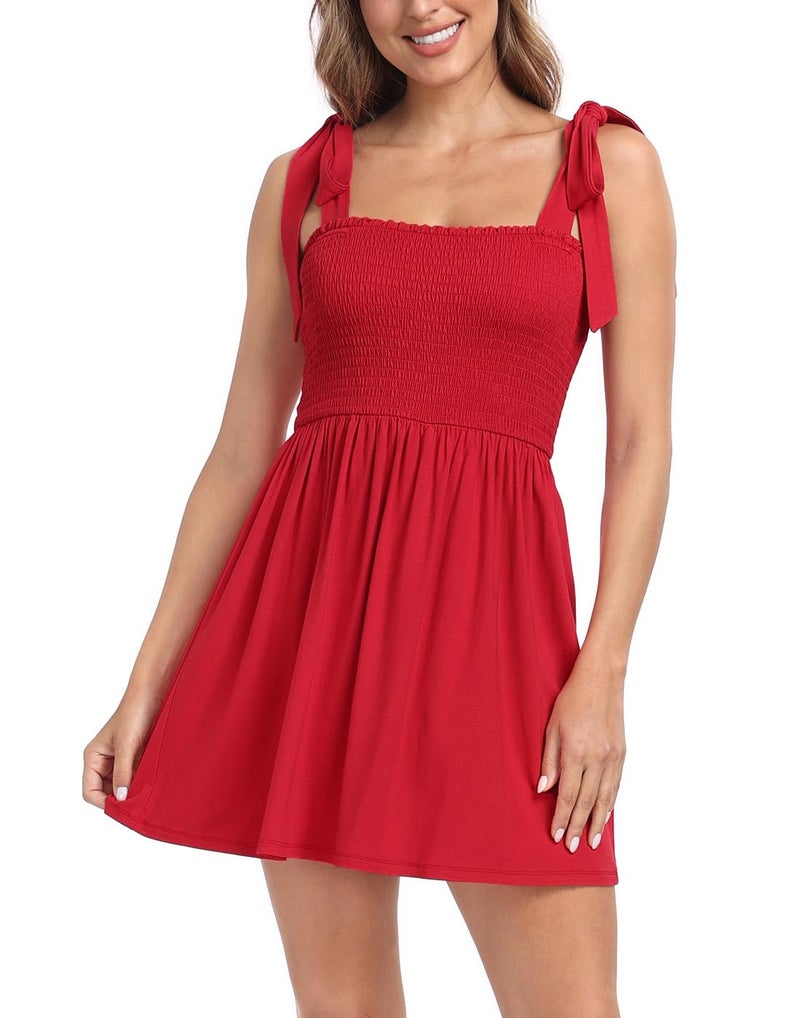 HDE Women's Romper Dress with Built in Shorts Summer Smocked Mini Sundress Red - L - Image 4