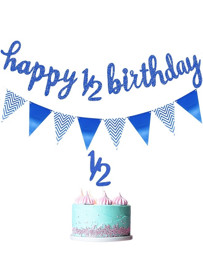 1/2 Happy Birthday Banner Baby Shower Banner Pennant Banner Flags Blue Glitter 1/2 Half Year Cake Topper Triangle Flag Banner - Image 1